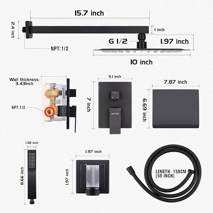 Wall Mounted Shower Faucet Set, Shower System with Tub Spout, 10 Inch Rainfall Shower Head with Handheld Spray, Waterfall Tub Spout Bathtub Faucet, Black