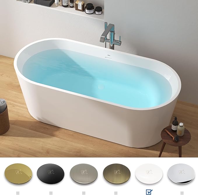 FerdY Shangri-La 67" Acrylic Freestanding Bathtub, Classic Oval Shape Acrylic Soaking Bathtub with Polished White Drain & Minimalist Linear Design Overflow, Modern White, cUPC Certified