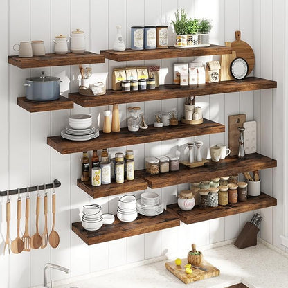 24 Inch Floating Shelves for Wall 2 Pack, 12"D Wood Grain Bathroom Shelves with Invisible Brackets, Easy Install Engineered Wood Storage Shelves for Kitchen, Living Room, Bedroom, Rustic Brown Finish