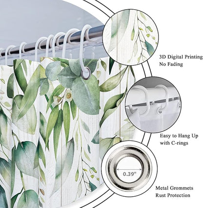 Riyidecor Sage Green Eucalyptus Leaves Shower Curtain for Bathroom Decor 72Wx72H Wooden Rustic Leaf Plants Botanical Spring Floral Art Printed Fabric Polyester Waterproof 12 Pack Plastic