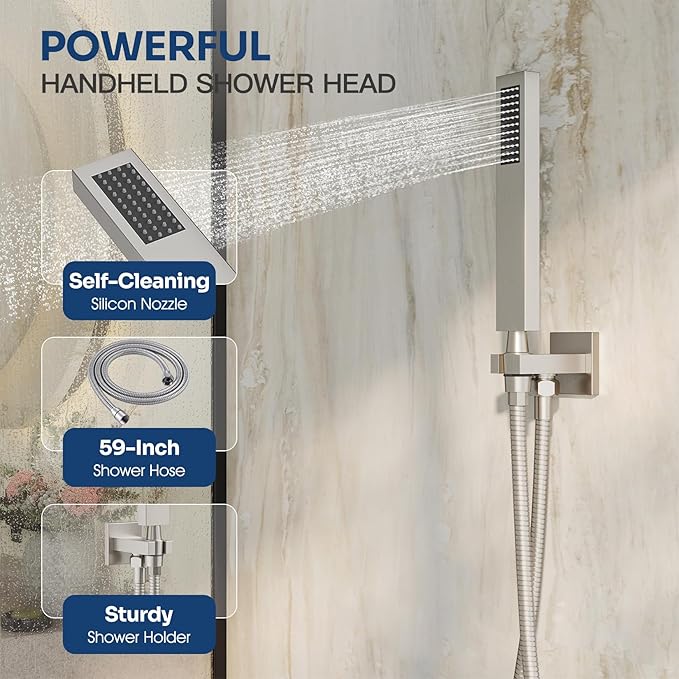 Ceiling Mount Shower Faucet Set, Shower System with 10-Inch Rain Showerhead and Handheld Spray Combo, High-Pressure Showerheads Set with Valve and Trim Kit, Brushed Nickel