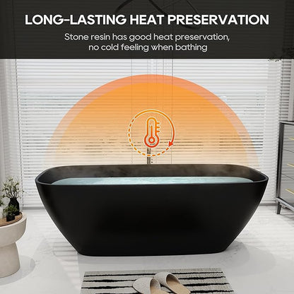 SJ STAR&JANE 67" Solid Surface Freestanding Bathtub Oval Stone Resin Soaking Tub Modern Stand Alone Tub with Overflow & Pop-up Drain, Matte Black for Bathrooms