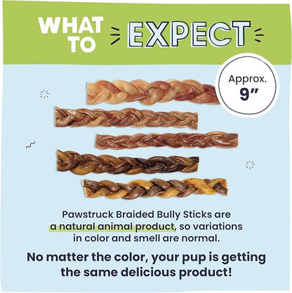 Pawstruck Natural 9” Braided Bully Sticks for Dogs - Tough, Long-Lasting, Rawhide-Free, Low Odor, Healthy Single Ingredient Chew Treat for Aggressive Chewers - 25 Count - Packaging May Vary