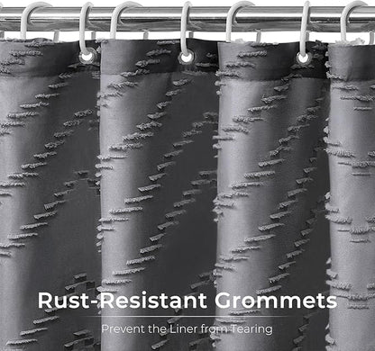 Extra Long Grey Boho Shower Curtain 84 Inch Grey Tufted Chevron Striped Fabric Shower Curtains for Bathroom Modern Shabby Chic Waterproof Cloth Shower Curtain Set with Hooks