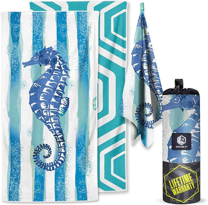 VENTURE 4TH Microfiber Beach Towel: Quick-Dry, Compact, Sand-Free, Absorbent, Sandproof and Lightweight - Perfect for Camping, Beach, and Roadtrips (Striped Seahorse Design | 35x78 inches)