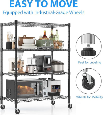 Homdox Heavy Duty Metal Shelves for Storage, 4 Tier Storage Racks and Shelving, Commercial Adjustable Wire Shelving Unit on Wheels, Garage Rack Pantry Shelves Kitchen Shelving, 18"x36"x72", Black