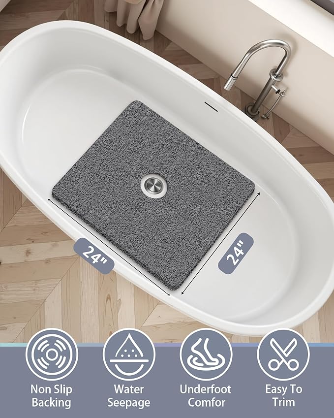 Mecko Square Non-Slip Shower Mats for Inside Shower, Anti-Slip Loofah Bath Mat for Tub and Walk-in Shower, Soft and Comfortable Safety Mat, Quick-Drying (Grey, 24" x 24")