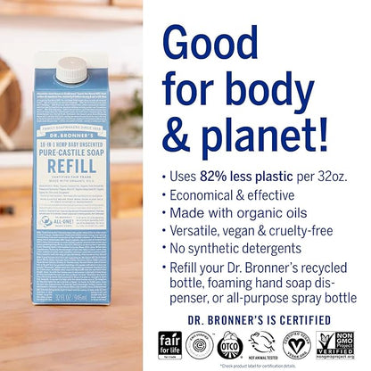 Dr. Bronner's Pure-Castile Liquid Soap Refill - Made with Regenerative Organic Certified Oils, 86% Less Plastic - 18-in-1 Uses, For Face, Body Wash, Hand Soap Refill & More - Baby Unscented, 32oz