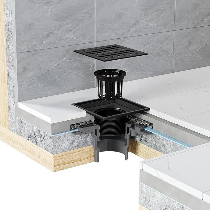 Neodrain Square Shower Drain,4 inch Black Stainless Steel 304 Grate and PVC Drain Body, Grate with Kit Includes Hair Trap/Strainer,Lifting Hook and PVC Drain Base
