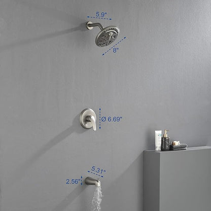 SHAMANDA Shower Tub Faucet Set with Rough-in Valve and Trim Kit, Shower System with Waterfall Diverter Tub Spout, Single Handle 8 Inch 6-Spray Rain Shower Head Combo Set, Brushed Nickel, L818-2