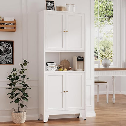 Metal Storage Cabinet, 69" Tall Bathroom Cabinets with 4 Doors & 3 Adjustable Shelves Large Cupboard, White Metal Pantry Cabinets for Kitchen, Home Office, Garage, Warehouse