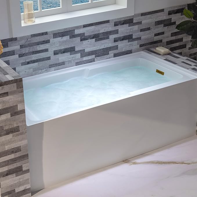 WOODBRIDGE 60" Acrylic Rectangular Alcove Soaking Bathtub in White with Right Drain, Brushed Gold Pop-Up Drain Included BA6030R