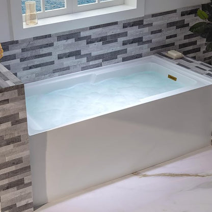 WOODBRIDGE 54" Acrylic Rectangular Alcove Soaking Bathtub in White with Right Drain, Brushed Gold Pop-Up Drain Included BA5430R