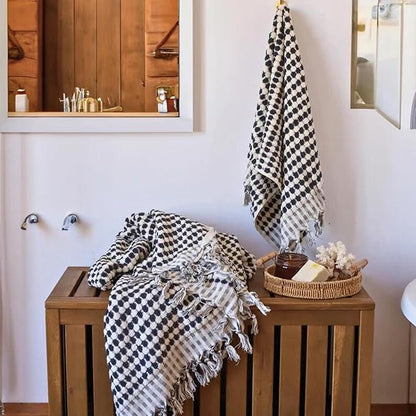 Pom Pom Turkish Bath and Beach Towels - Thick, Soft, Luxurious 100% Turkish Organic Cotton Bubble Weave Towels (Black, 35 x 67 Bath Size)