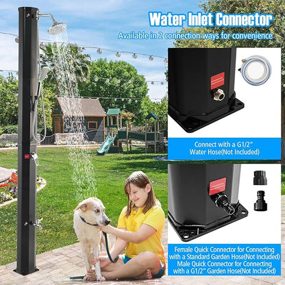 Goplus 9.3 Gallon Solar Heated Outdoor Shower, 7.2 FT Freestanding Garden Shower w/ 360° Swivel Shower Head, Foot Shower, Temperature Adjustment, for Poolside Backyard Beach (Black w/Handle Head)