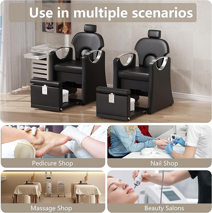 Pedicure Station for Nail Tech, Reclining Pedicure Chair with Massage Foot Bath, No Plumbing Pedicure Station Unit (Black-Sliver)