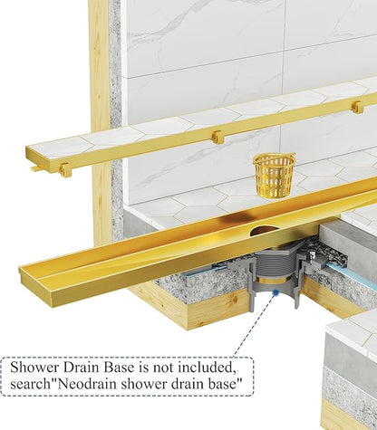 Neodrain 30-Inch Gold Linear Shower Drain with Tile Insert Cover, Golden 304 Stainless Steel Rectangle Shower Floor Drain, Linear Drain with Leveling Feet, Hair Strainer,CUPC Certified