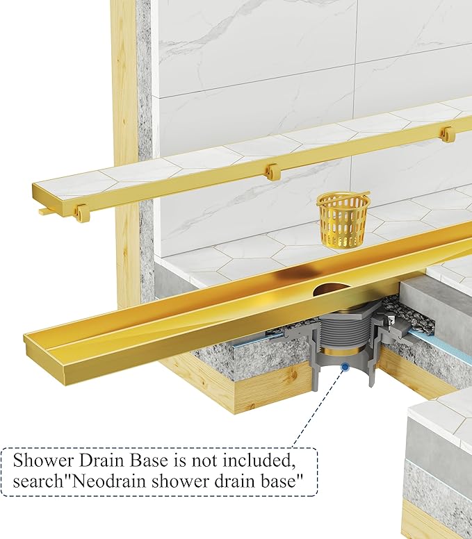 Neodrain 36-Inch Linear Shower Drain with Tile Insert Grate, Golden 304 Stainless Steel Rectangle Shower Floor Drain, Linear Drain with Leveling Feet, Hair Strainer