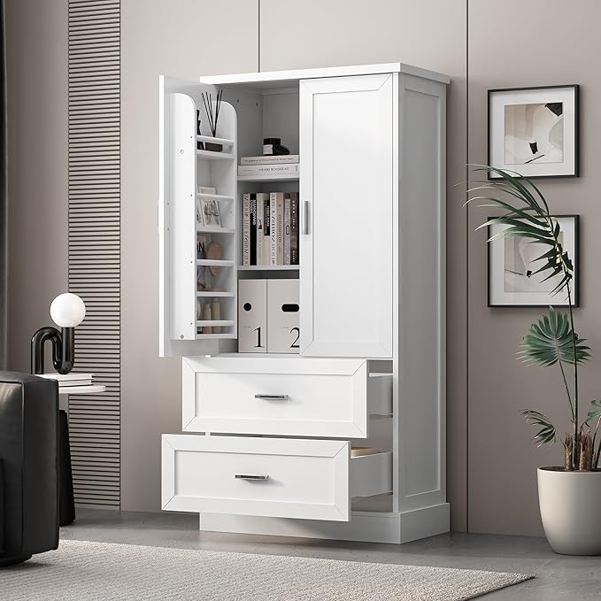 Merax 64" H Storage Cabinet with Drawers and Door Racks, Tall Freestanding Bookshelf Pantry Space Saver for Bathroom or Kitchen, Adjustable Shelf, White