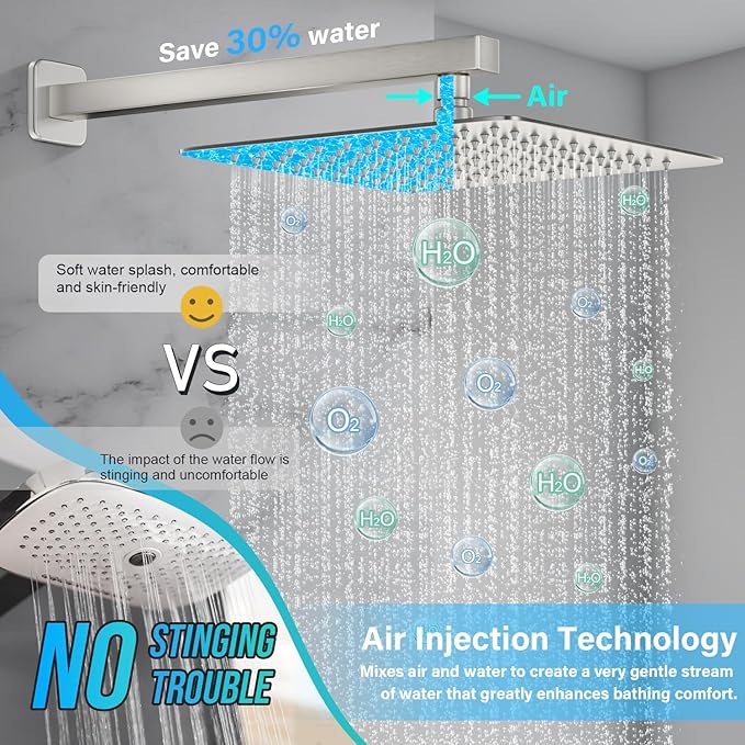 Shower Faucet Set Bathroom Square Rain Shower Head and Handle Set, Wall Mounted Shower Fixtures With Shower Valve and Trim Kit 12 inch Brushed Nickel