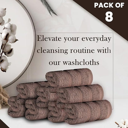 HALLEY Turkish 8 Pack Premium Washcloths (8 Pieces) 650 GSM Highly Absorbent Super Soft 100% Cotton - 8 Washcloths (Brown)