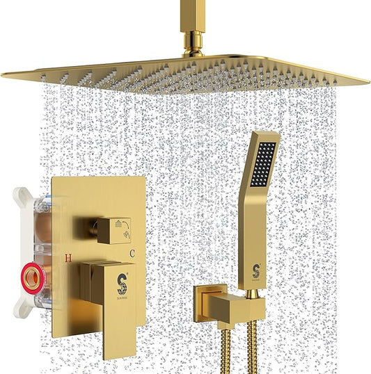 SR SUN RISE 16 Inch Ceiling Mounted Shower System Rain Mixer Shower Combo Set Rainfall Shower Head System Brushed Gold Shower Faucet Rough-in Valve Body and Trim Included