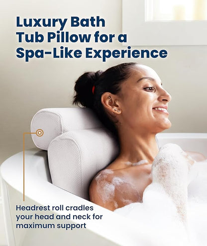 Everlasting Comfort Luxury Bath Pillows for Tub with Head and Neck Support - Non-Slip Bathtub Pillow with Suction Cups, Quick-Drying Mesh & Drying Hook - Jacuzzi & Spa Accessories for Women - White
