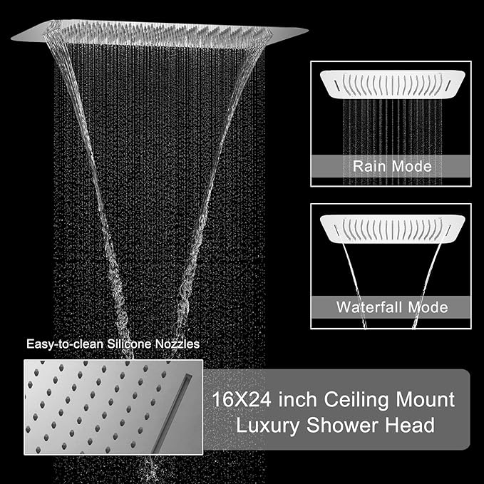Polished Chrome Digital Display Shower System with 16X24 inch Ceiling Overhead Shower Head(Rain & Waterfall Two Modes), 4 PCS Body Jet and Handheld Spray