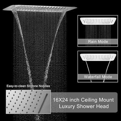 Polished Chrome Shower Set with 16X24 inch Ceiling Mount Showerhead(Two Modes), Handheld Spray and 6 PCS Body Jet, 4 Way Digital Temperature Display Shower System