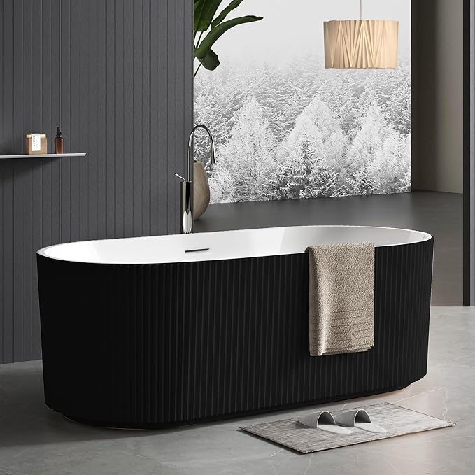 GarveeLife Freestanding Bathtubs 67 inch Black & White Acrylic Free Standing Soaking Tub – Contemporary Striped Design with Overflow Cover, Pop-Up Drain & Concealed Plumbing for Luxury Bathrooms