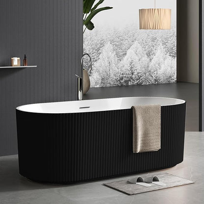 67 Inch Acrylic Freestanding Bathtub – Stripe Design, Free Standing Soaking Tub with Overflow & Pop-Up Drain, Black Exterior White Interior, Stand Alone Tub for Contemporary Bathrooms