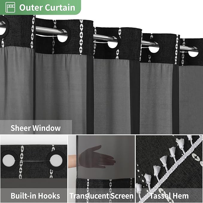 No Hook Stall Shower Curtain with Snap-in Fabric Liner - 54x80 Heavy-Duty Linen Textured Striped Design,Narrow Rustic Modern Farmhouse Bohemian Bathroom Curtain,Water-Repellent,Black