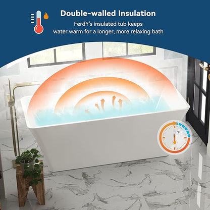 FerdY Sentosa 67" Acrylic Freestanding Bathtub, Contemporary Design Soaking Tub with Polished Chrome Drain and Minimalist Linear Design Overflow, Easy to Install, 02560