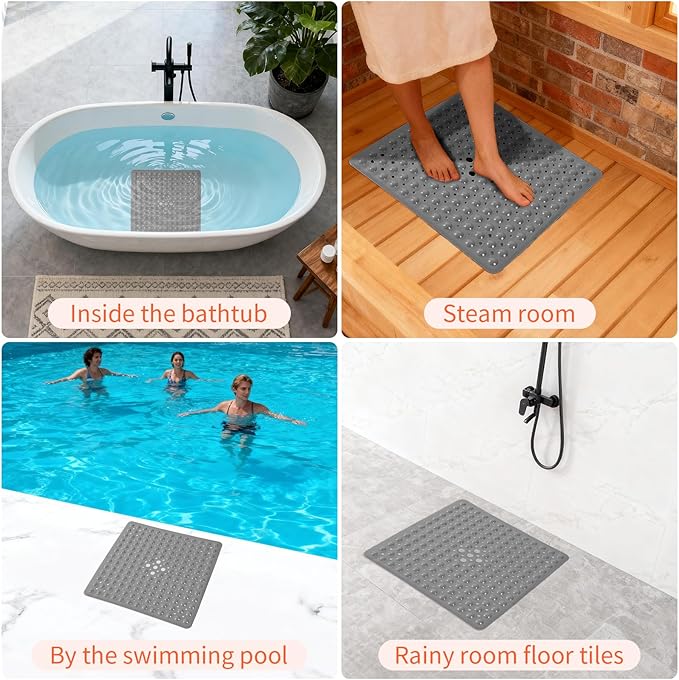 Anti-Slip Bathtub Shower mat, 20.8×20.8（Approximately 53×53cm） inch Soft Oversized Machine Washable Non-Slip Bathtub mat with Drainage Holes, Bathroom Floor Suction Cup.（1-Opaque Gray）
