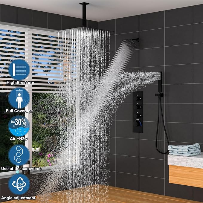 Enga Thermostatic Dual Rain Shower System (Eco-Performance), Shower Faucet Set with 16"+6" Rain Shower Heads & Handheld, All Functions Simultaneous, Adjustable Volume, Matte Black