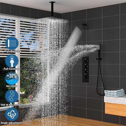 Enga Thermostatic Dual Rain Shower System (Eco-Performance), Shower Faucet Set with 16"+6" Rain Shower Heads & Handheld, All Functions Simultaneous, Adjustable Volume, Matte Black