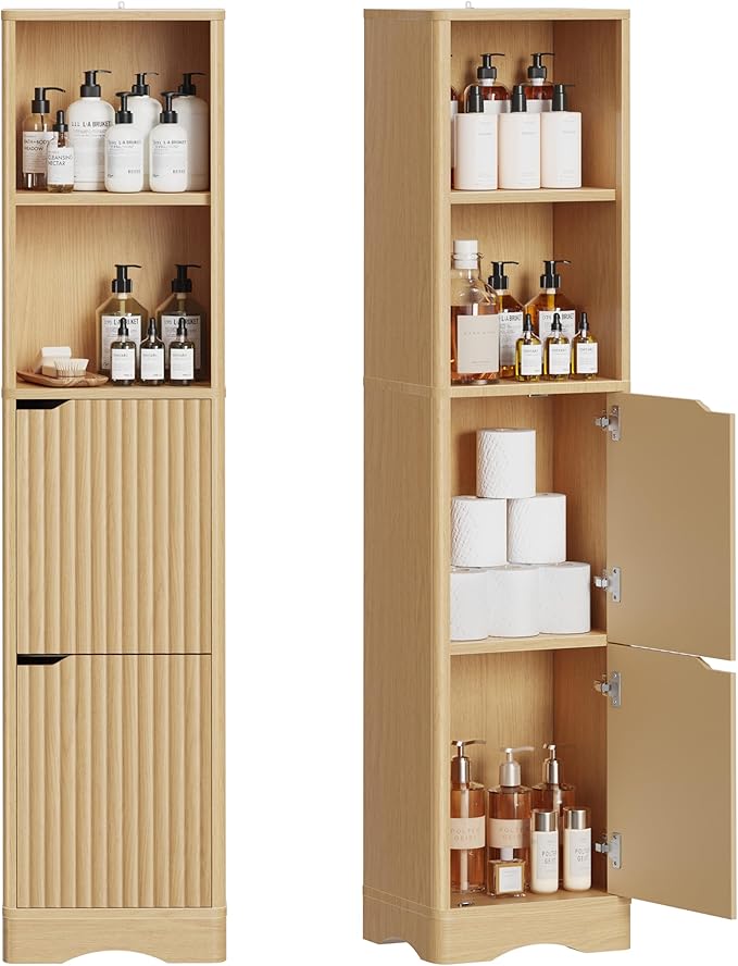 67" Tall Bathroom Organizer and Storage, Narrow Storage Cabinet with 2 Doors and 4 Shelves, Freestanding Floor Storage Unit,15.7" W x 11.8" D x 66.9" H, Nature