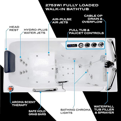 ANZZI Walk-In Whirlpool & Air Tub 27"x53" Left Drain, LED Lights, 30 Jets, Aromatherapy, Chromatherapy, Heater, Faucet & Handheld Shower, White Acrylic Spa Bathtub | 2753WILWD