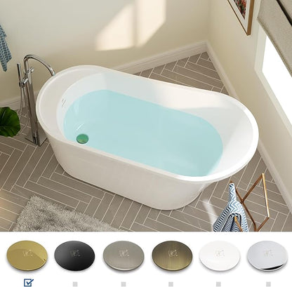 FerdY Langkawi 59" Acrylic Freestanding Bathtub, White Modern Stand Alone Soaking Bathtub, cUPC Certified, Polished Gold Drain and Minimalist Linear Design Overflow Included, Easy to Install
