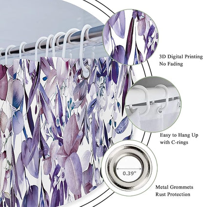 Riyidecor Small Stall Rv Narrow Single Shower Curtain for Bathroom Decor 36Wx72H Stand Up Half Purple Eucalyptus Plants Leaves Botanical Art Printed Fabric Polyester Waterproof 7 Pack Plastic
