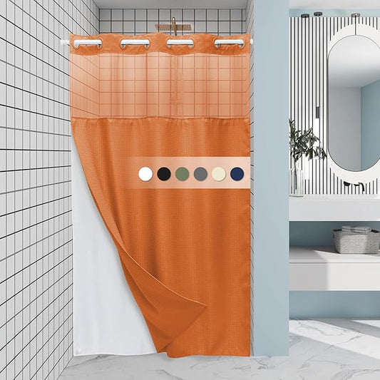Burnt Orange Stall No Hook Shower Curtain with Snap in Liner,230GSM Waffle Weave Shower Curtains for Bathroom,54W x 80H