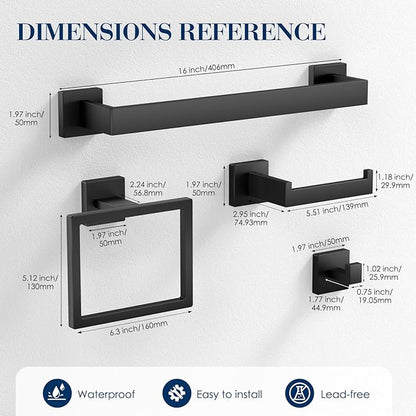 7-Pieces Towel Racks for Bathroom, SUS304 Matte Black Bathroom Accessory Set, Stainless Steel Black Bathroom Accessories, Stainless Steel Wall Mounted, Bath Towel Bar Set