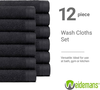 100% Cotton Washcloths Set 13” x 13” | Black Towels | Set of 18 Ultra Soft and Highly Absorbent Washcloths Sets for Bathroom, Gym, Hotel, Spa | Machine Washable Face Towel