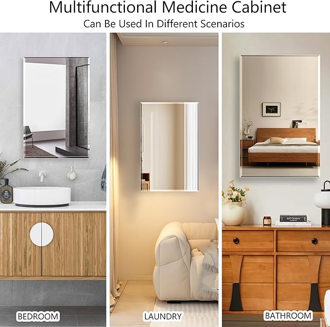 Bathroom Medicine Cabinet with 22x30 in Rectangular Beveled Frameless Mirror,Wall Mounted Mirror Cabinet for Bathroom Toilet Kitchen,Recess or Surface Mount,Already Assembly