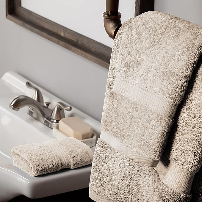 BLUENILEMILLS Buckingham Egyptian Cotton 3-Piece Towel Set, Washcloths, Hand Towels, Bath Towels, Stone