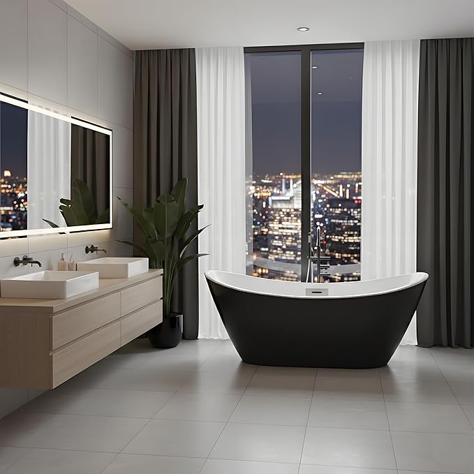 Freestanding Bathtubs 67 inch Black and White Acrylic Free Standing Bath Tub, Luxury Soaking Tub with Chrome Drain & Overflow, Perfect for Spa-Like Relaxation
