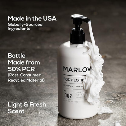 MARLOWE. No. 002 Body Lotion 15 oz Pump, Original, Revitalizing Dry Skin Lotion with Aloe Vera & Amino Acids, Hydrates & Nourishes, Lightly Scented