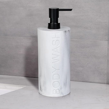 Resin White Marbled Body Wash Engraved Bottle Refillable Pump Dispenser, Durable Waterproof Construction for Bath, Shower - Resin White Marble - Matte Black Pump