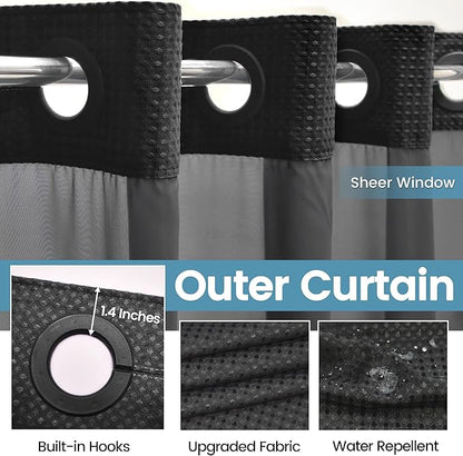 Stall No Hook Shower Curtain with Snap in Liner,230GSM Waffle Weave Shower Curtains for Bathroom,60W x 74H,Black