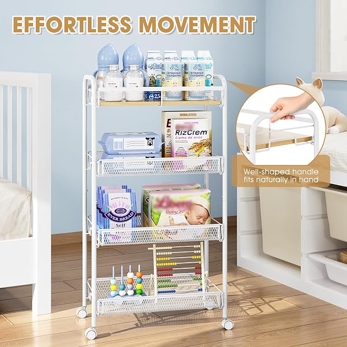 TOOLF 4-Tier Rolling Cart, Metal Utility Cart, Slide Out Storage Cart with Wooden Tabletop and Mesh Baskets, Easy Assemble Trolley for Kitchen Bathroom Laundry Room Bedroom Apartments Dormitory